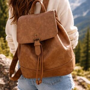 Brown Faux Leather Backpack Minimalist Boho Daypack Adjustable Straps - Western